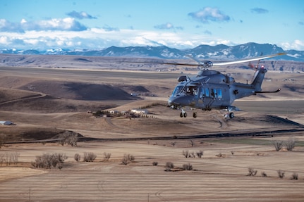 A U.S. Air Force MH-139A Grey Wolf assigned to the 40th Helicopter Squadron conducts its first operational mission at Malmstrom Air Force Base, Montana, Jan. 8, 2026. The mission marks the beginning of the replacement of the Vietnam-era UH-1N Huey and represented a key step in modernizing security for the nation’s land-based nuclear deterrent. (U.S. Air Force photo by Airman 1st Class Teniya Caldwell)
