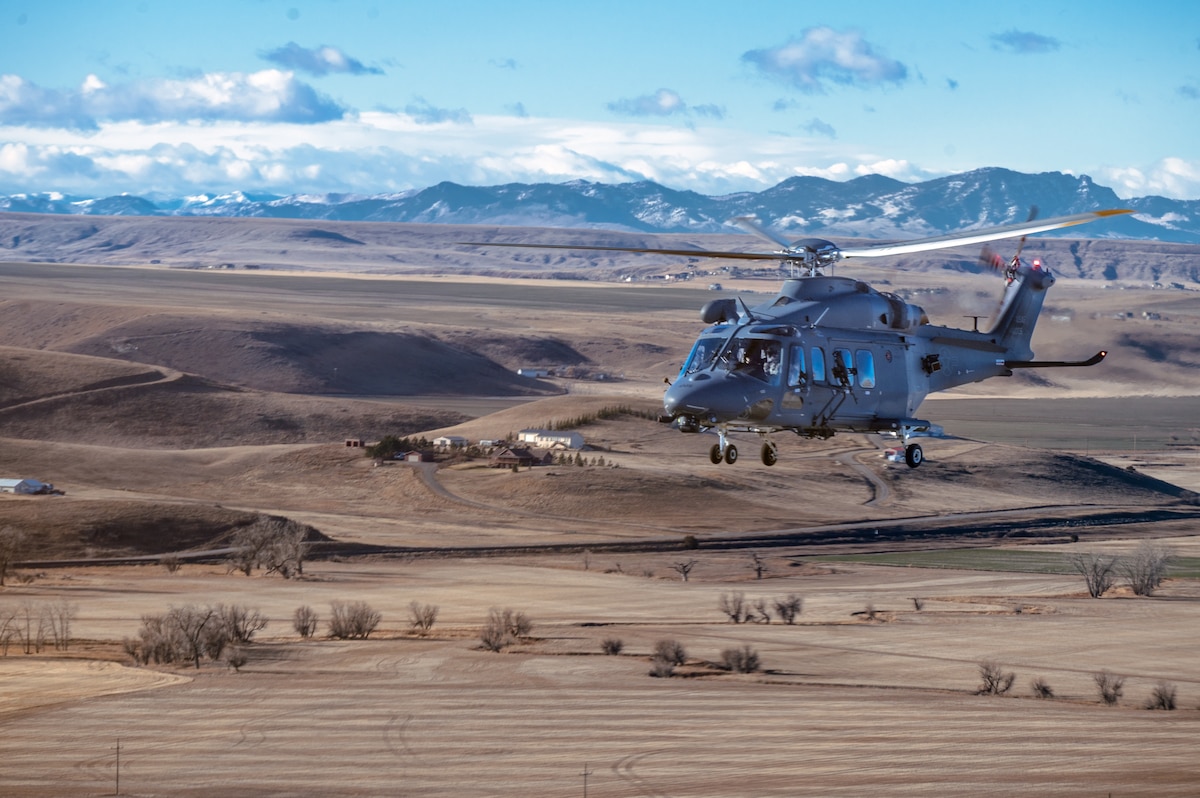 A U.S. Air Force MH-139A Grey Wolf assigned to the 40th Helicopter Squadron conducts its first operational mission at Malmstrom Air Force Base, Montana, Jan. 8, 2026. The mission marks the beginning of the replacement of the Vietnam-era UH-1N Huey and represented a key step in modernizing security for the nation’s land-based nuclear deterrent. (U.S. Air Force photo by Airman 1st Class Teniya Caldwell)