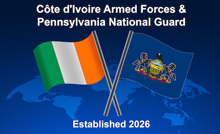 Pennsylvania National Guard and Côte d’Ivoire military officials announced on Jan. 13, 2026, that the Pennsylvania National Guard has been selected to partner with Côte d’Ivoire through the Department of War National Guard State Partnership Program. (Pennsylvania National Guard graphic by Wayne V. Hall)