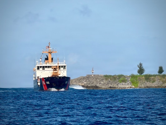 The USCGC Hickory (WLB 212), a 225-foot Juniper-class seagoing buoy tender, arrives in Apra Harbor as it comes to their new homeport in Guam on Jan. 14, 2026, following a more than 13,000-mile transit over 71 days from the U.S. Coast Guard Yard in Baltimore through the Panama Canal. After an extended Major Maintenance Availability at the Yard, part of the In-Service Vessel Sustainment Program that modernizes the entire Juniper-class fleet with hull repairs, system upgrades, and replacement of obsolete equipment, the Hickory is now fully revitalized. (U.S. Coast Guard photo by Chief Warrant Officer Muir)