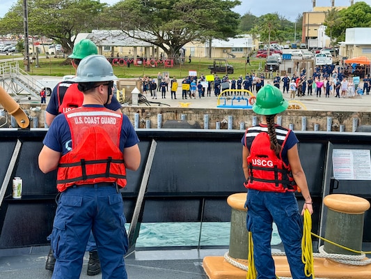 The USCGC Hickory (WLB 212), a 225-foot Juniper-class seagoing buoy tender, arrives at its new homeport in Guam on Jan. 14, 2026, following a more than 13,000-mile transit over 71 days from the U.S. Coast Guard Yard in Baltimore through the Panama Canal. After an extended Major Maintenance Availability at the Yard, part of the In-Service Vessel Sustainment Program that modernizes the entire Juniper-class fleet with hull repairs, system upgrades, and replacement of obsolete equipment, the Hickory is now fully revitalized. (U.S. Coast Guard photo by Chief Warrant Officer Muir)