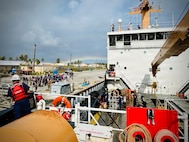The USCGC Hickory (WLB 212), a 225-foot Juniper-class seagoing buoy tender, arrives at its new homeport in Guam on Jan. 14, 2026, following a more than 13,000-mile transit over 71 days from the U.S. Coast Guard Yard in Baltimore through the Panama Canal. After an extended Major Maintenance Availability at the Yard, part of the In-Service Vessel Sustainment Program that modernizes the entire Juniper-class fleet with hull repairs, system upgrades, and replacement of obsolete equipment, the Hickory is now fully revitalized. (U.S. Coast Guard photo by Chief Warrant Officer Muir)