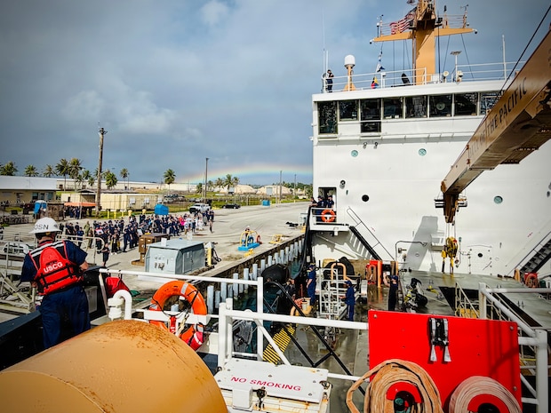 The USCGC Hickory (WLB 212), a 225-foot Juniper-class seagoing buoy tender, arrives at its new homeport in Guam on Jan. 14, 2026, following a more than 13,000-mile transit over 71 days from the U.S. Coast Guard Yard in Baltimore through the Panama Canal. After an extended Major Maintenance Availability at the Yard, part of the In-Service Vessel Sustainment Program that modernizes the entire Juniper-class fleet with hull repairs, system upgrades, and replacement of obsolete equipment, the Hickory is now fully revitalized. (U.S. Coast Guard photo by Chief Warrant Officer Muir)