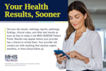 Woman wearing blouse looks at smartphone. Text reads: "Your Health Results, Sooner. Get your lab results, radiology reports, pathology findings, clinical notes, and other test results as soon as they're ready in the MHS GENESIS Patient Portal. Results may appear before your provider has a chance to review them. Your provider will contact you with anything that requires urgent, sensitive, or time-critical follow up." MHS GENESIS logo. Footnote: "MHS GENESIS is a registered trademark of the Department of Defense, Defense Health Agency. All rights reserved."