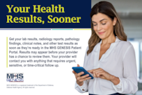 Woman wearing blouse looks at smartphone. Text reads: "Your Health Results, Sooner. Get your lab results, radiology reports, pathology findings, clinical notes, and other test results as soon as they're ready in the MHS GENESIS Patient Portal. Results may appear before your provider has a chance to review them. Your provider will contact you with anything that requires urgent, sensitive, or time-critical follow up." MHS GENESIS logo. Footnote: "MHS GENESIS is a registered trademark of the Department of Defense, Defense Health Agency. All rights reserved."