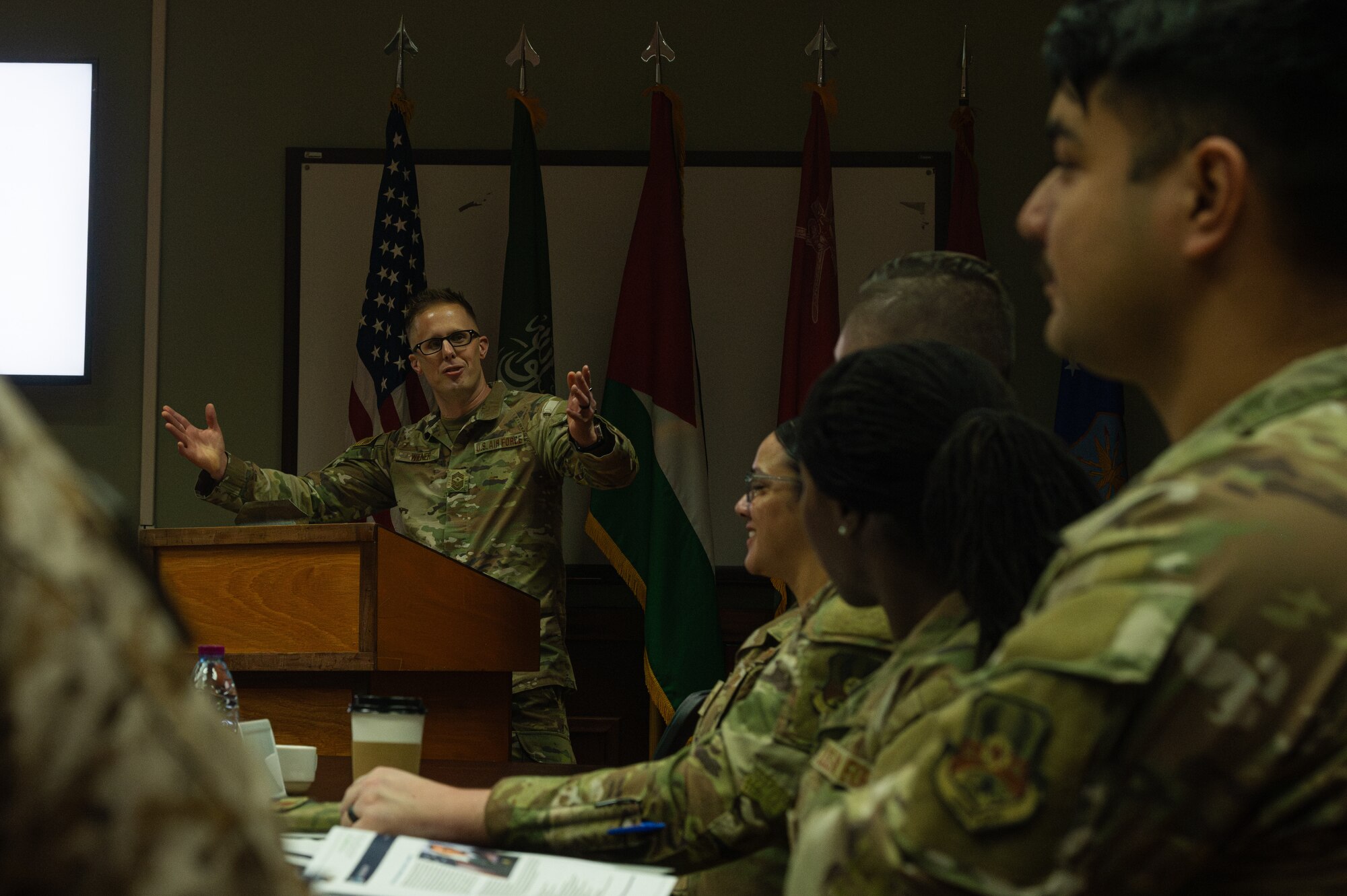 Chief Master Sgt. Joshua Wiener, Ninth Air Force command chief, welcomes coalition senior leaders at the U.S. Air Forces Central Command Multilateral Professional Development Seminar, in the U.S. Central Command area of responsibility, Jan. 5, 2026.