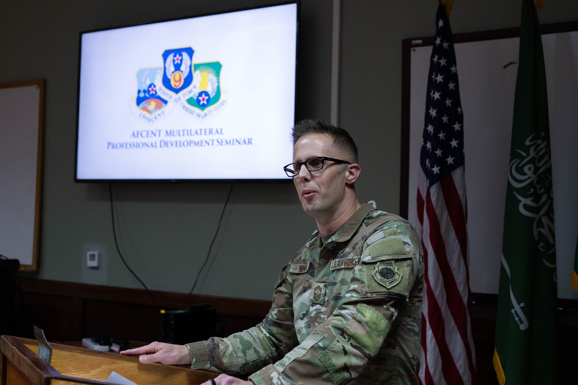 Chief Master Sgt. Joshua Wiener, Ninth Air Force command chief, welcomes coalition senior leaders at the  U.S. Air Forces Central Command Multilateral Professional Development Seminar, in the U.S. Central Command area of responsibility, Jan. 5, 2026.