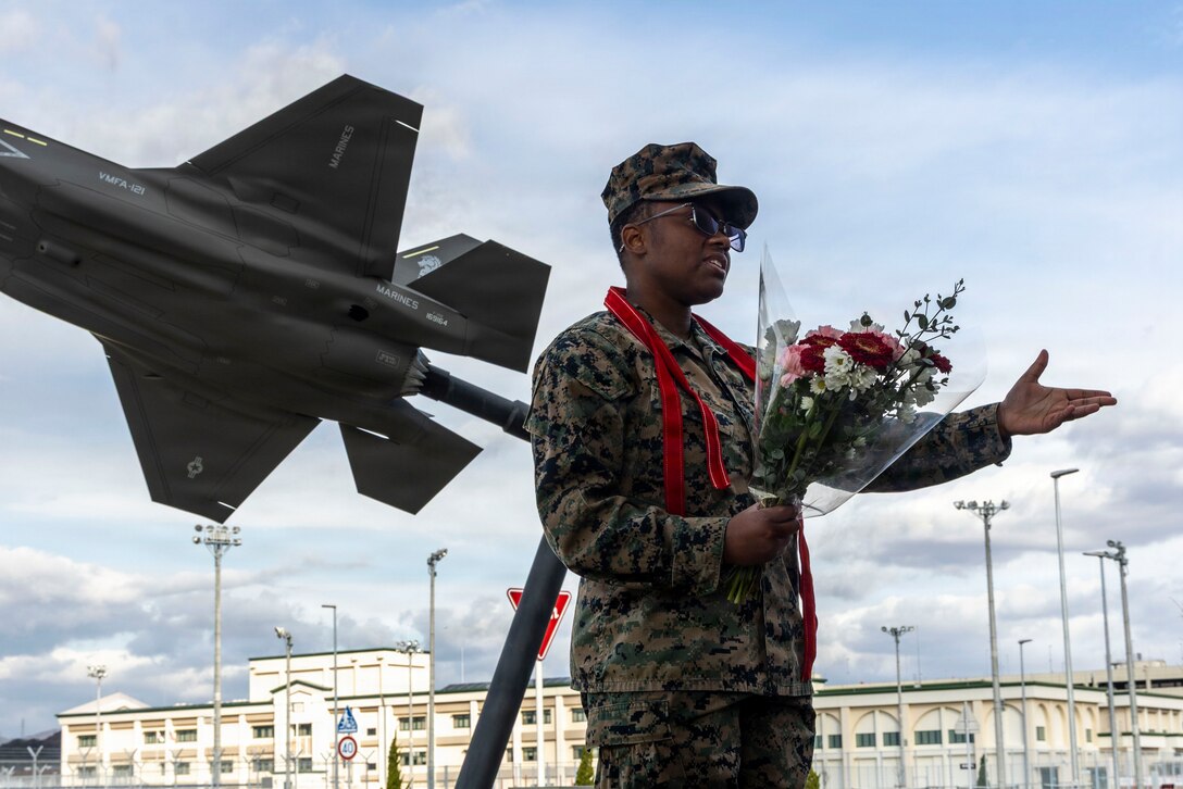 U.S. Marine Corps Cpl. Sydney Smalls, an administrative clerk with Marine Aircraft Group 12, 1st Marine Aircraft Wing, gives a speech during her promotion ceremony Marine Corps Air Station Iwakuni, Japan, Dec. 3, 2025. Meritorious promotion ceremonies are a significant achievement in a service member’s career and are a testament to their commitment, mastery of duties and skills, and leadership capabilities. Marines take on greater responsibilities as Non-Commissioned Officers after showing exemplary leadership skills. Smalls is a native of New York. (U.S. Marine Corps photo by Cpl. Chloe Johnson)