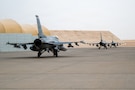 U.S. Air Force 555th Expeditionary Fighter Squadron F-16 Fighting Falcon aircraft taxi during Blue Sands 26.1 within the U.S. Central Command area of responsibility, Dec. 11, 2025. The exercise integrates U.S. Air Force personnel with partner nations to build upon existing tactics, techniques, and procedures in a joint environment with the shared goal of ensuring a secure and stable region. (U.S. Air Force photo by Senior Airman De’Quan Simmons)