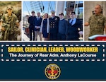 FALLS CHURCH, Va. A photo collage featuring Rear Adm. Anthony LaCourse at different stages of his Navy journey from attending field medical training as a hospital corpsman in 1989 (left) to serving as the Marine Corps Central Command Force Surgeon (right) to getting promoted to 1-star flag rank aboard USS Constitution on October 1, 2025 with his family by his side (center). Photographs courtesy of Rear Adm. Anthony LaCourse.