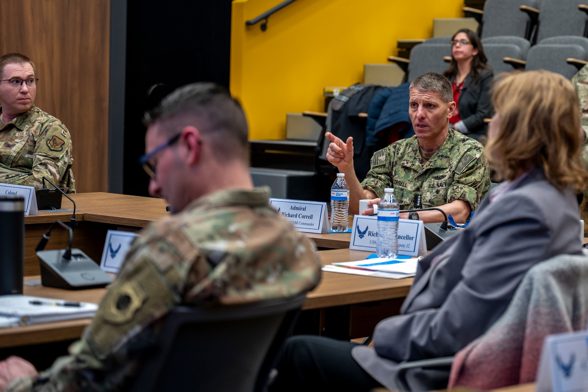 U.S. Navy Adm. Rich Correll, commander, U.S. Strategic Command, attends a briefing during a visit to the National Air and Space Intelligence Center, Wright-Patterson Air Force Base, Ohio, Jan. 12, 2026. This briefing discussed NASIC’s overall mission and support to USSTRATCOM to help in strategic deterrence through the center’s analysis of air, space, missiles, and cyber threats.