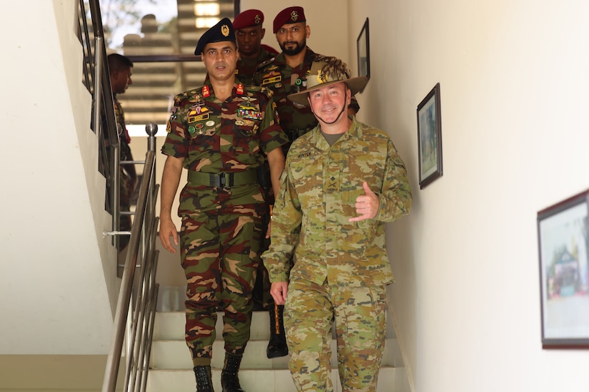 Brig. Gen. MMimrul Hasan, Commander, Para Commando Brigade (left) and Maj. Gen. Scott A. Winter, Deputy Commanding General - Strategy and Plans for the U.S. Army Pacific (USARPAC) (right) discuss readiness and operational interoperability at the Jalalabad Cantonment, Sylhet, Bangladesh on July 25, 2025.