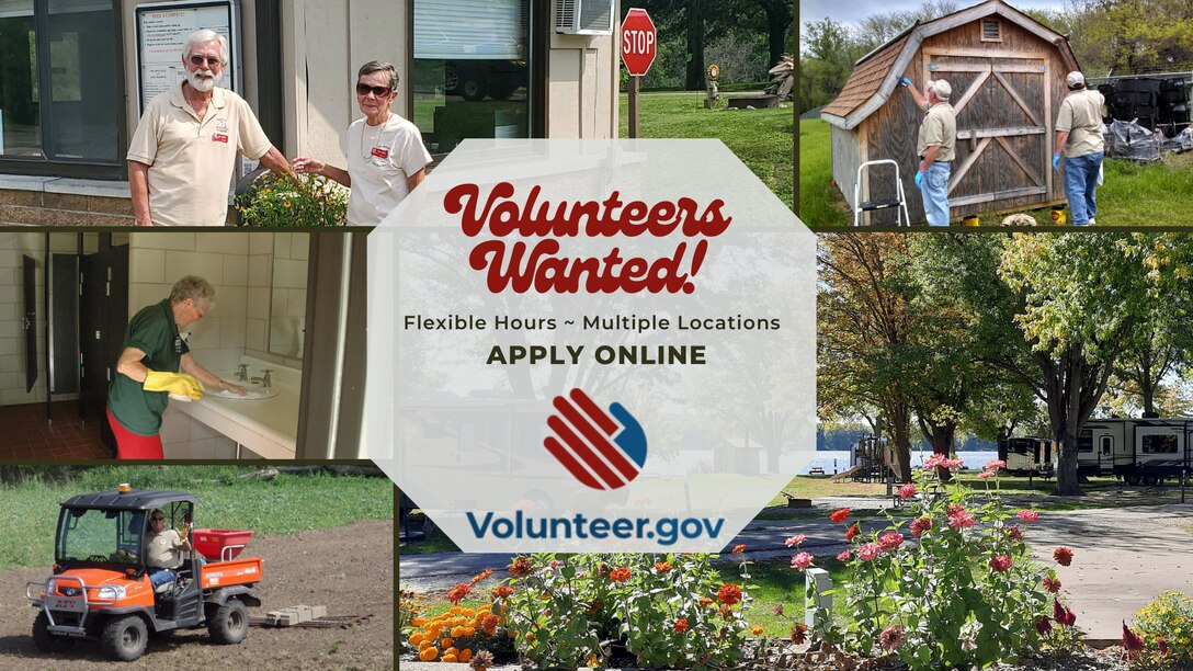 A graphic showing a variety of images of volunteers working at various USACE Rock Island District projects.