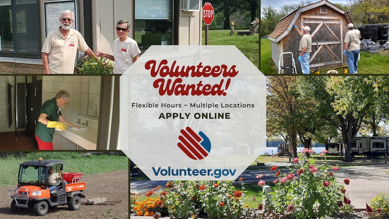 A graphic showing a variety of images of volunteers working at various USACE Rock Island District projects.