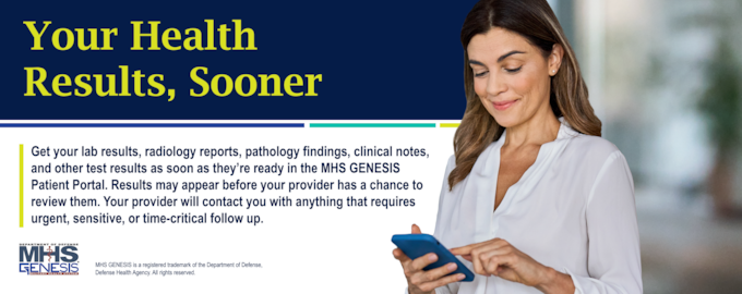 female looking down and reading something on cell phone. Text title reads your health results, sooner.