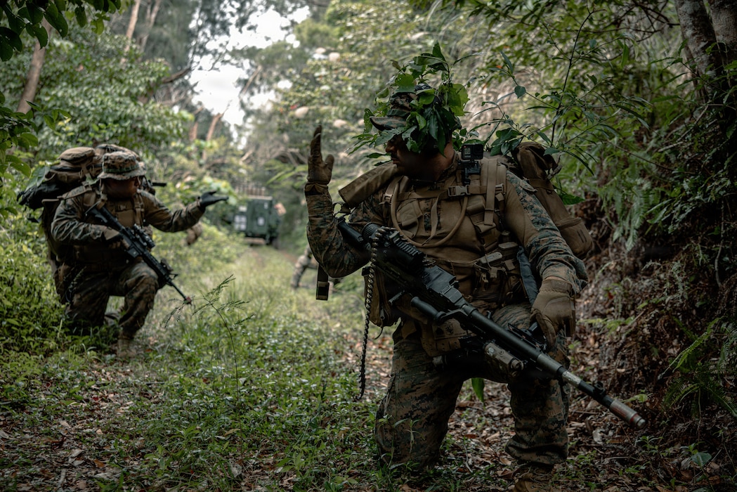U.S. Marines with 4th Light Armored Reconnaissance, forward deployed with 4th Marine Regiment, 3rd Marine Division as part of the Unit Deployment Program, communicate with hand and arm signals while conducting a patrol exercise on Camp Schwab, Okinawa, Japan, Jan. 7, 2026. The patrolling exercise was conducted to sustain and improve Marines’ operating skills in disaggregated and contested environments. (U.S. Marine Corps photo by Cpl. Joaquin Dela Torre)