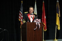 Col. David Helfrich gives his outgoing remarks during the 404th Maneuver Enhancement Brigade's Change of Command ceremony in Normal, Illinois, on Jan. 10, 2026.