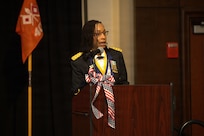 Col. Jessica McPherson addresses Soldiers and guests after assuming command of the Illinois Army National Guard’s 404th Maneuver Enhancement Brigade during a Change of Command ceremony in Normal, Illinois, Jan. 10, 2026.