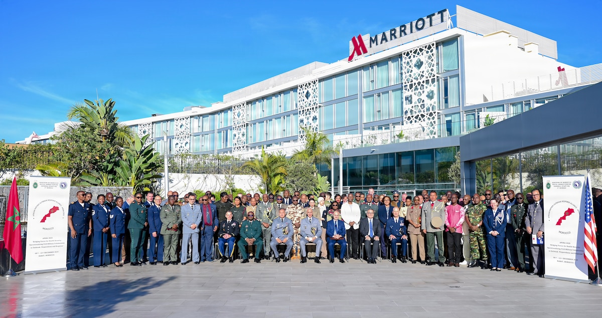 Attendees at the African Partner Outbreak Response Alliance 2025 Workshop stand for a group photo in Rabat, Morocco, December 8, 2025. The APORA workshop focused on increasing capacity building and promoting training of defense personnel in the prevention, detection, and response of emerging infectious diseases. (U.S. Air Force photo by Capt. Benjamin Aronson)