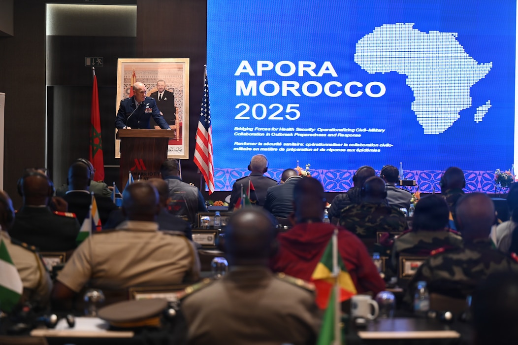 U.S. Air Force Col. Thomas Stamp, U.S. Air Forces in Europe - Air Forces Africa command surgeon, gives his closing remarks at the African Partner Outbreak Response Alliance 2025 Workshop in Rabat, Morocco, December 11, 2025. Representatives from 30 African nations came together with members from the U.S. Africa Command and USAFE-AFAFRICA command surgeon offices to engage in discussion on how to further enhance health security across the African continent. (U.S. Air Force photo by Capt. Benjamin Aronson) (This photo was altered for security purposes by blurring a security badge.)