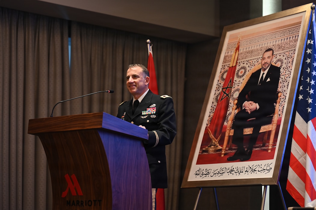U.S. Army Col. Michael Cohen, U.S. Africa Command command surgeon, gives closing remarks at the African Partnership Outbreak Response Alliance 2025 workshop in Rabat, Morocco, December 11, 2025. Representatives from 34 African nations came together with representatives from the USAFRICOM and U.S. Air Forces in Europe - Air Forces Africa command surgeon offices to engage in discussion on how to further enhance health security across the African continent. (U.S. Air Force photo by Capt. Benjamin Aronson)