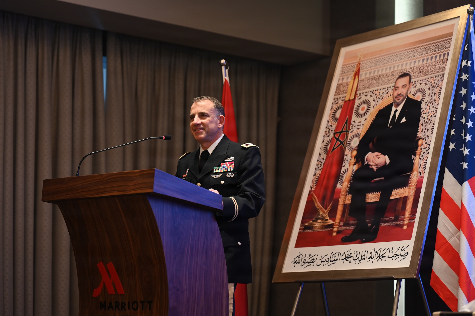 U.S. Army Col. Michael Cohen, U.S. Africa Command command surgeon, gives closing remarks at the African Partnership Outbreak Response Alliance 2025 workshop in Rabat, Morocco, December 11, 2025. Representatives from 34 African nations came together with representatives from the USAFRICOM and U.S. Air Forces in Europe - Air Forces Africa command surgeon offices to engage in discussion on how to further enhance health security across the African continent. (U.S. Air Force photo by Capt. Benjamin Aronson)
