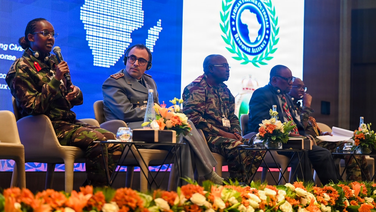 Members of the African Partner Outbreak Response Alliance executive board give closing comments during the 2025 Workshop in Rabat, Morocco, Dec. 12, 2025. The executive board called for partner nations to continue striving towards official authorities and memorandums of understandings between their ministries of defence and APORA to reinforce commitment to the continental effort to respond to infectious disease outbreaks together. (U.S. Air Force photo by Capt. Benjamin Aronson)