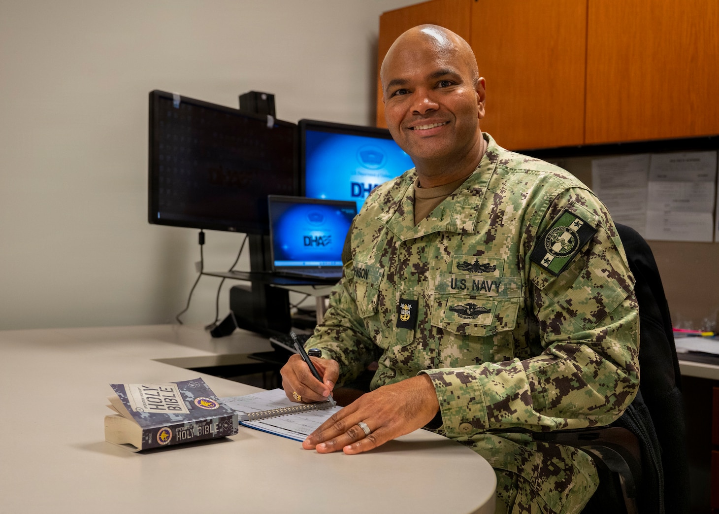 260113-N-IX644-1003 (Jan. 13, 2026) FALLS CHURCH, Va. U.S. Navy Master Chief Religious Program Specialist Christopher Johnson, assigned to U.S. Navy Bureau of Medicine and Surgery, poses for an environmental portrait in his office, Jan. 13. The Navy Medicine Enterprise's 44,000+ talented and ready forces optimize health readiness, deliver quality healthcare, and provide global expeditionary medical support to warfighters. (U.S. Navy photo by Mass Communication Specialist 2nd Class Sasha Ambrose)