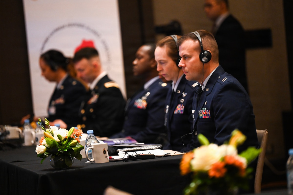 U.S. Air Force Capt. Cody Wyatt, 155th Medical Group critical care air transport nurse, listens to a briefing during the African Partner Outbreak Response Alliance 2025 Workshop in Rabat, Morocco, December 8, 2025. APORA 2025 aimed to enhance cross-collaboration between African nations on best practices and health crisis capabilities to prevent, mitigate and respond to disease outbreaks. (U.S. Air Force photo by Capt. Benjamin Aronson)