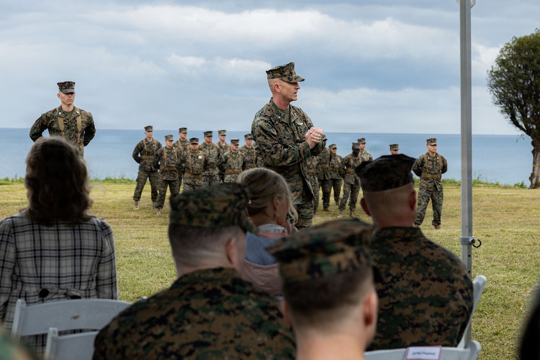 U.S. Marine Corps Brig. Gen. Robert Brodie, commanding general of 3rd Marine Expeditionary Brigade, delivers a speech during an activation ceremony for 3rd MEB at Camp Courtney, Okinawa, Japan, Jan. 13, 2026. The 3rd MEB established a new headquarters company to enhance their lethality by centralizing command and synchronizing readiness efforts across warfighting functions. (U.S. Marine Corps photo by Lance Cpl. Justin Cledera)