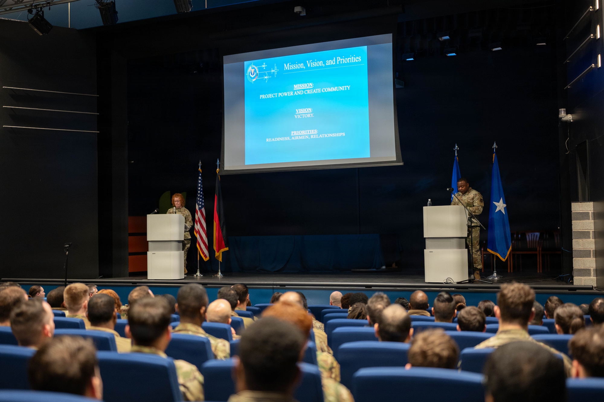 U.S. Air Force Brig. Gen. Adrienne L. Williams, 86th Airlift Wing commander, and Chief Master Sgt. Clifford L. Lawton, 86th AW command chief, discuss the wing’s strategic guidance during an all call at Ramstein Air Base, Germany, Jan. 14, 2026.