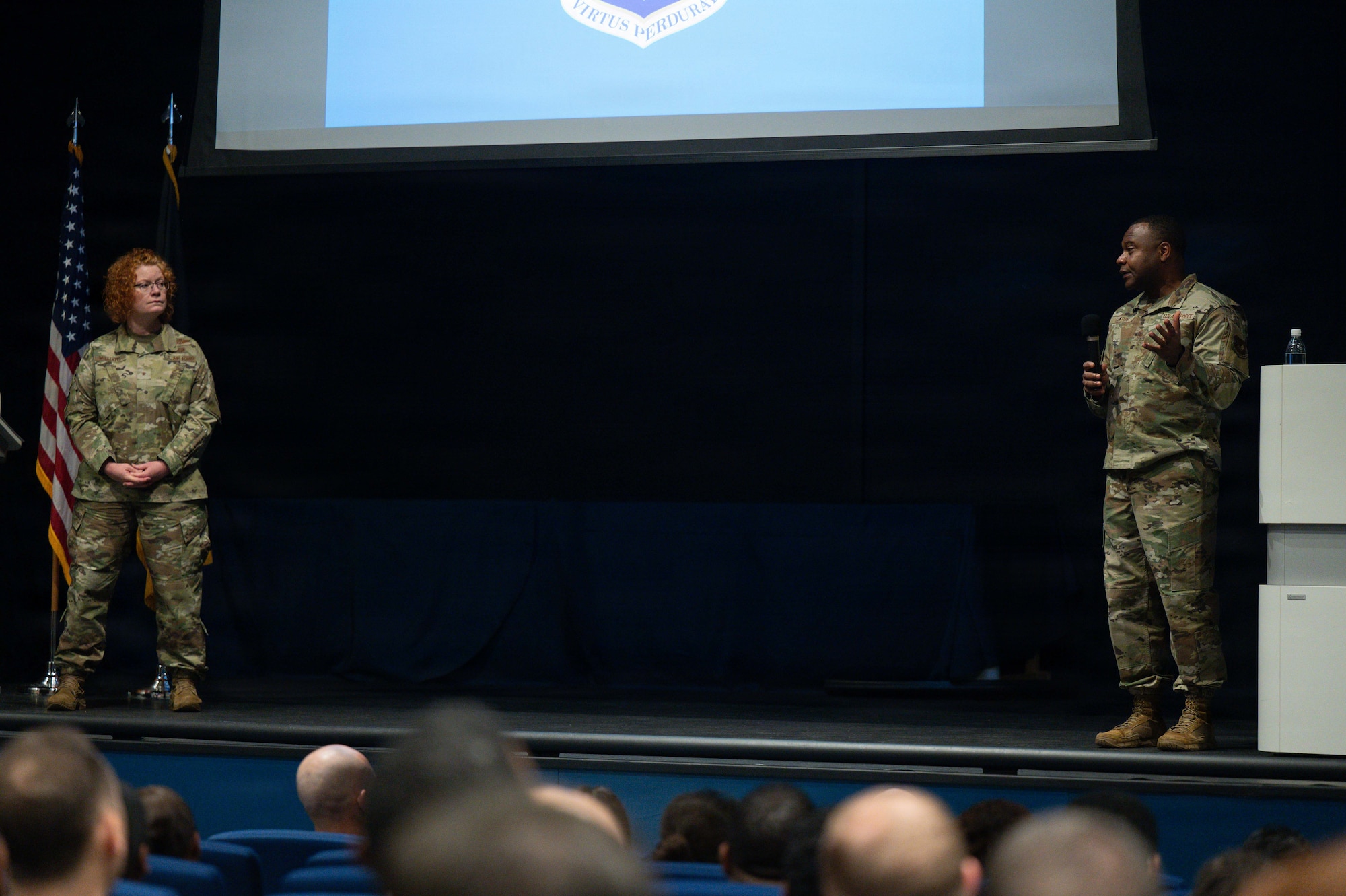 U.S. Air Force Brig. Gen. Adrienne L. Williams, 86th Airlift Wing commander, and Chief Master Sgt. Clifford L. Lawton, 86th AW command chief discuss the wing’s strategic guidance during an all call at Ramstein Air Base, Germany, Jan. 14, 2026.