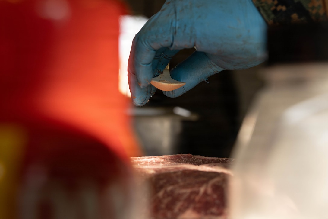 U.S. Marine Corps Lance Cpl. Rylan Cohen seasons steak during a food service competition at Marine Wing Support Squadron (MWSS) 472, Wyoming, Pennsylvania, Jan. 11, 2026. Cohen is a food service specialist with MWSS 472, Marine Aircraft Group 49, 4th Marine Aircraft Wing. Marines participated in an inspection for the Maj. Gen. William Pendleton Thompson Hill Awards to demonstrate their quality of food preparation, sanitation, and customer service. (U.S. Marine Corps photo by Lance Cpl. Priscilla Flores)