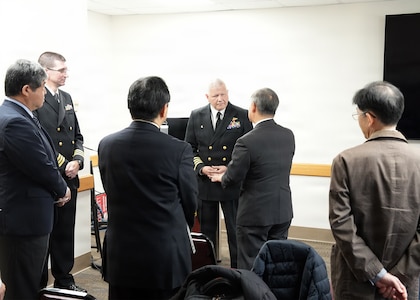 JOINT BASE SAN ANTONIO-FORT SAM HOUSTON – (Jan. 13, 2026) – Commanding Officer Capt. Michael Tiller, Medical Corps, Naval Medical Research Unit (NAMRU) San Antonio, joined by Executive Officer Cmdr. Nicholas Hamlin, Dental Corps, greets representatives of Japan’s National Defense Medical College (NDMC) at the Battlefield Health and Trauma Research Institute.  The visit, led by Dr. Manabu Kinoshita, NDMC’s chairman professor, Department of Immunology and Microbiology, continues a sustained partnership between NAMRU San Antonio and NDMC to enhance each other’s capabilities to counteract emerging threats, benefiting military health as well as global health security. Navy Medicine Research & Development (NMR&D) contributes directly to positive working relationships with partner nation militaries, keeping the scope of Department of War capabilities wide, and at the ready, to address emerging threats aboard. NAMRU San Antonio, part of NMR&D, conducts gap-driven combat casualty care, craniofacial, and directed energy research in support of Navy, Marine Corps and joint U.S. warfighter health readiness and lethality while engaged in routine and expeditionary operations. (U.S. Navy photo by Burrell Parmer, NAMRU San Antonio Public Affairs/Released)