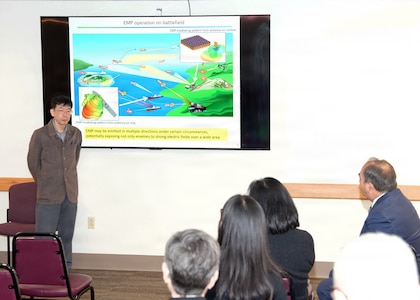 JOINT BASE SAN ANTONIO-FORT SAM HOUSTON – (Jan. 13, 2026) – Dr. Kohsuke Hagisawa, an associate professor with Japan’s National Defense Medical College’s (NDMC) Department of Physiology, briefs leadership and research scientists assigned to Naval Medical Research Unit (NAMRU) San Antonio of research on the effects of electromagnetic on the body at the Battlefield Health and Trauma Research Institute.  A series of briefings, led by Dr. Manabu Kinoshita, NDMC’s chairman professor, Department of Immunology and Microbiology, continues a sustained partnership between NAMRU San Antonio and NDMC to enhance each other’s capabilities to counteract emerging threats, benefiting military health as well as global health security. Navy Medicine Research & Development (NMR&D) contributes directly to positive working relationships with partner nation militaries, keeping the scope of Department of War capabilities wide, and at the ready, to address emerging threats aboard. NAMRU San Antonio, part of NMR&D, conducts gap-driven combat casualty care, craniofacial, and directed energy research in support of Navy, Marine Corps and joint U.S. warfighter health readiness and lethality while engaged in routine and expeditionary operations. (U.S. Navy photo by Burrell Parmer, NAMRU San Antonio Public Affairs/Released)