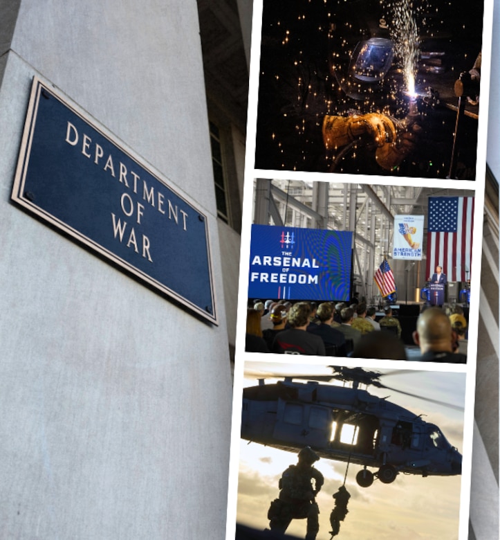 In one side of a graphic, the Department of War sign appears on the side of a building. On the other side of the graphic, three photos are stacked. There's a helicopter, a man speaking to an audience, and a photo of a worker welding metal.