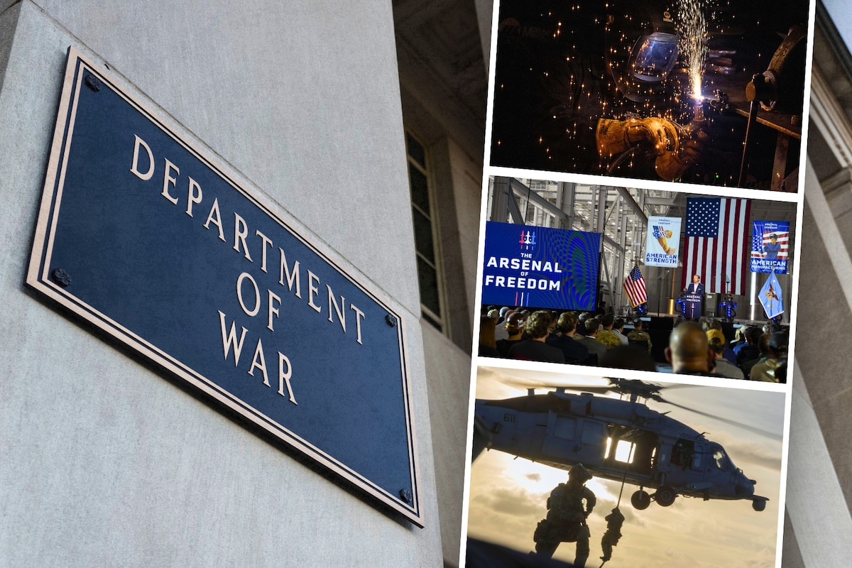 In one side of a graphic, the Department of War sign appears on the side of a building. On the other side of the graphic, three photos are stacked. There's a helicopter, a man speaking to an audience, and a photo of a worker welding metal.