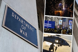 In one side of a graphic, the Department of War sign appears on the side of a building. On the other side of the graphic, three photos are stacked. There's a helicopter, a man speaking to an audience, and a photo of a worker welding metal.