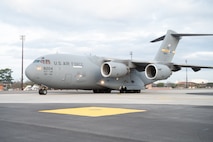 A C-17 Globemaster III taxis to the Joint Base Charleston flight line.