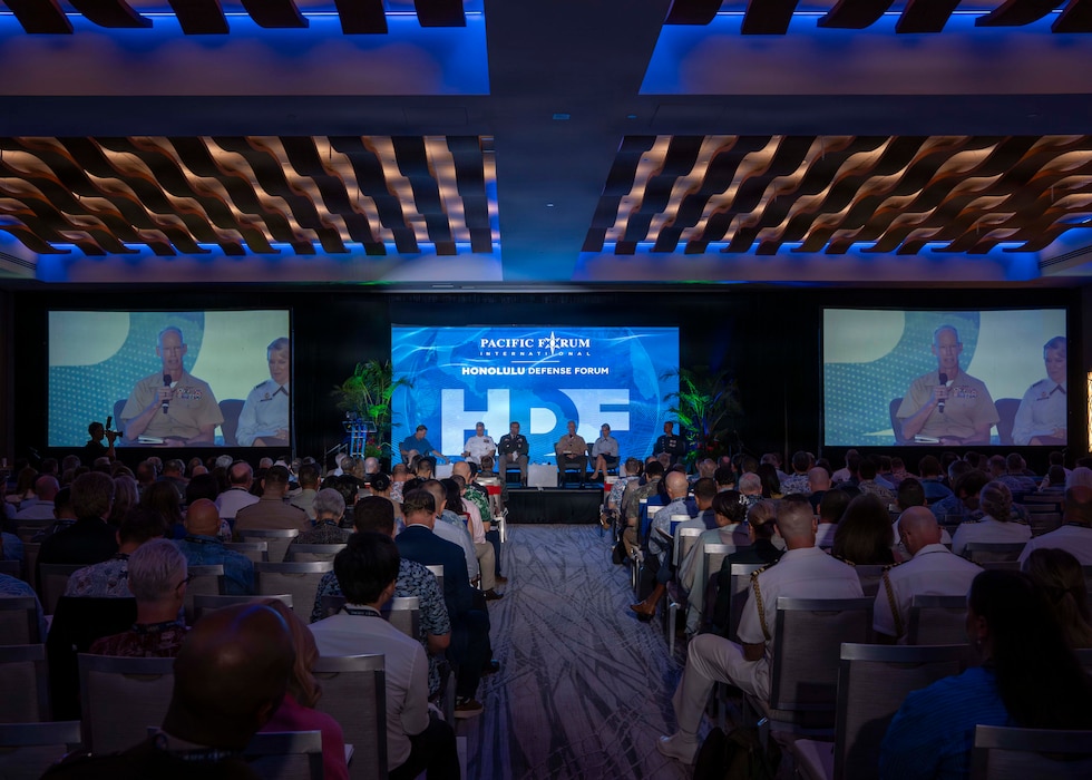 Lt. Gen. James Glynn, commander, U.S. Marine Corps Forces Pacific, center right, and other military component representatives participate in the “Accelerating Multi-Domain Deterrence Needs for the Indo-Pacific” panel at the Honolulu Defense Forum in Honolulu, Jan. 12, 2026.