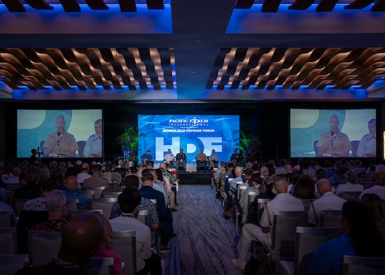 Lt. Gen. James Glynn, commander, U.S. Marine Corps Forces Pacific, center right, and other military component representatives participate in the “Accelerating Multi-Domain Deterrence Needs for the Indo-Pacific” panel at the Honolulu Defense Forum in Honolulu, Jan. 12, 2026.