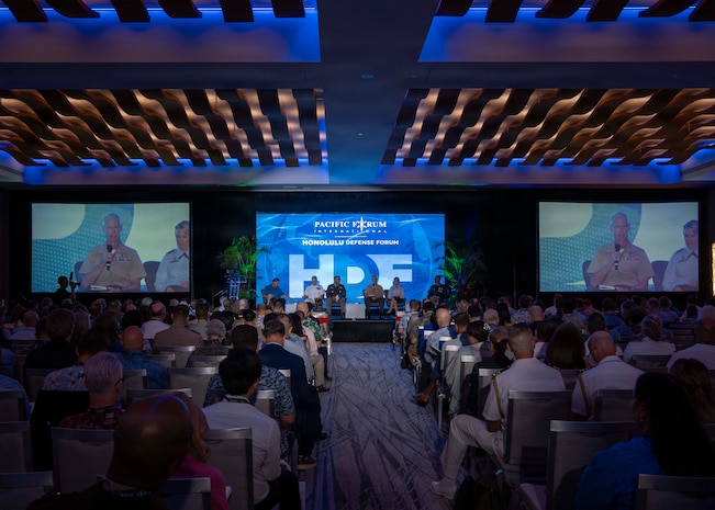 Lt. Gen. James Glynn, commander, U.S. Marine Corps Forces Pacific, center right, and other military component representatives participate in the “Accelerating Multi-Domain Deterrence Needs for the Indo-Pacific” panel at the Honolulu Defense Forum in Honolulu, Jan. 12, 2026.