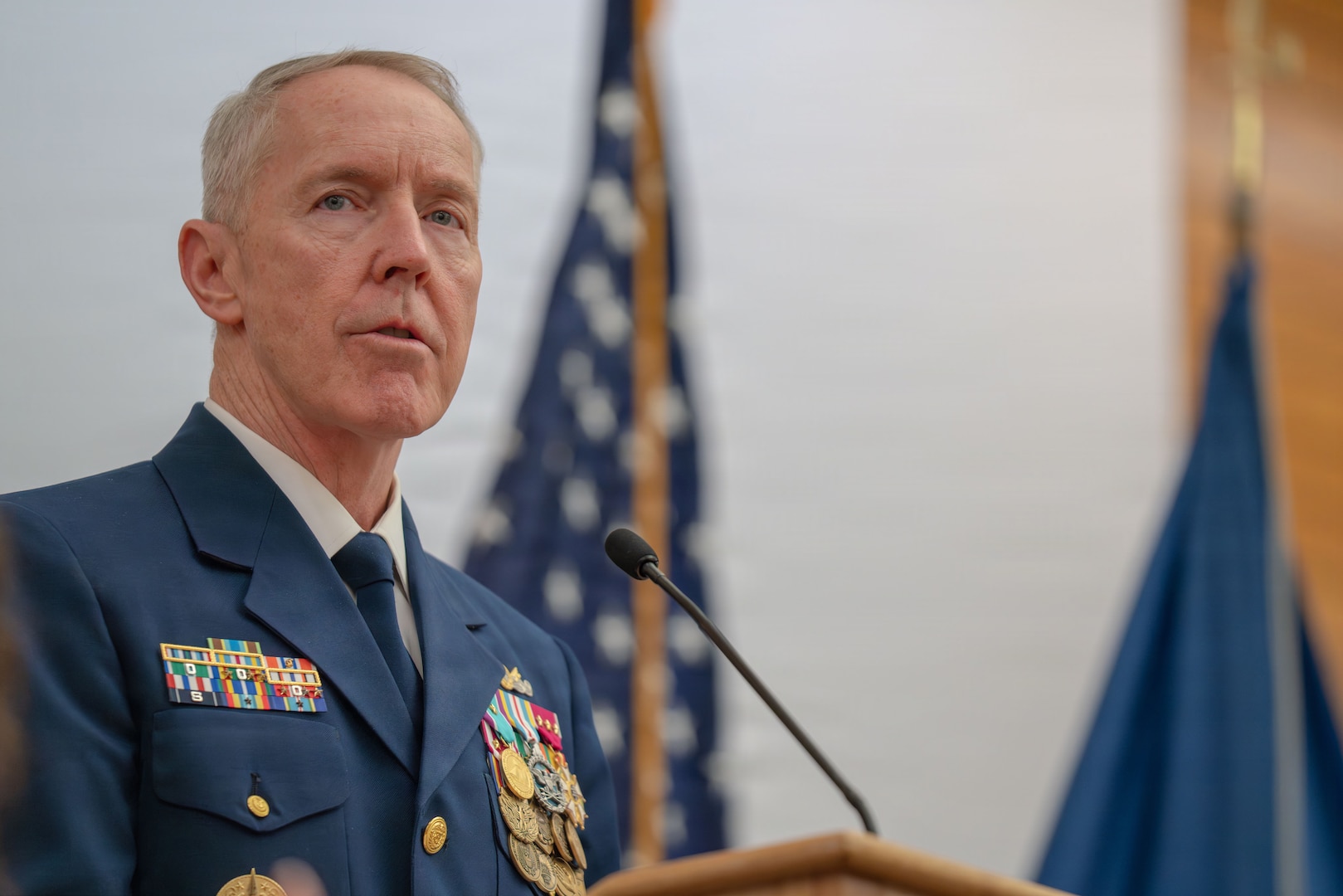 U.S. Coast Guard Adm. Kevin E. Lunday, the 28th Commandant of the Coast Guard, speaks after he was sworn in by U.S. Department of Homeland Security Secretary Kristi Noem at Coast Guard Headquarters in Washington, D.C., on Jan. 15, 2026.  Lunday leads a maritime service of 76,000 Coast Guard men and women who conduct operations to control, secure and defend U.S. borders and maritime approaches; facilitate commerce; and respond to crises and contingencies.