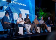 Adm. Steve Koehler, commander, U.S. Pacific Fleet, second from the left, and other military component representatives participate in the “Accelerating Multi-Domain Deterrence Needs for the Indo-Pacific” panel at the Honolulu Defense Forum in Honolulu, Jan. 12, 2026.