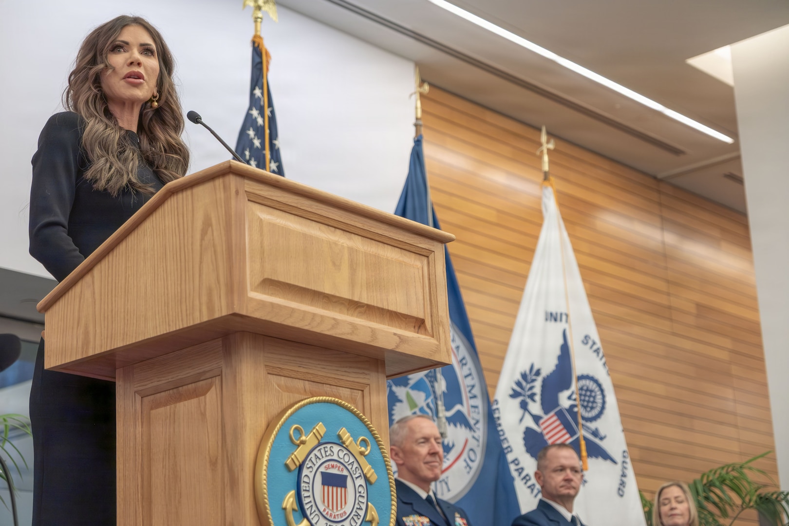 U.S. Department of Homeland Security Secretary Kristi Noem speaks before swearing in U.S. Coast Guard Adm. Kevin E. Lunday as the 28th Commandant of the Coast Guard at Coast Guard Headquarters in Washington, D.C., on Jan. 15, 2026. Noem is the 8th Secretary of the Department of Homeland Security.