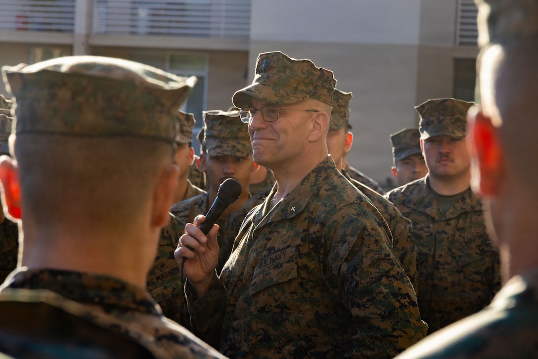 U.S. Navy Rear Adm. Carey Cash, U.S. Navy Deputy Chief of Chaplains and Chaplain of the U.S. Marine Corps, addresses Marines with Marine Aviation Logistics Squadron 11, Marine Aircraft Group 11, 3rd Marine Aircraft Wing at Marine Corps Air Station Miramar, California, Jan. 7, 2026. The purpose of Cash’s visit was to engage with Marines and Sailors from across Miramar to speak about the role of spiritual fitness in enhancing overall wellness and mission readiness. This focus on spiritual strength is a key component of military life, as it equips service members with the resilience and core values necessary to navigate the unique challenges of their profession. (U.S. Marine Corps Photo by Cpl. Renee Gray)
