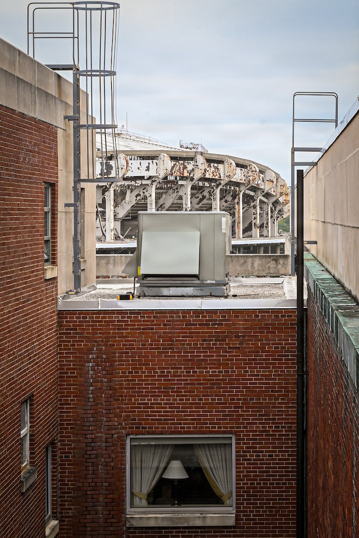 The partially-demolished edifice of Robert F. Kennedy Memorial Stadium is visible from the roof of the DC Armory in Washington, D.C., Aug. 18, 2025. The longstanding landmark fell into disrepair and is being demolished to make way for a new stadium. (U.S. Air National Guard photo by Tech. Sgt. Andrew Enriquez)