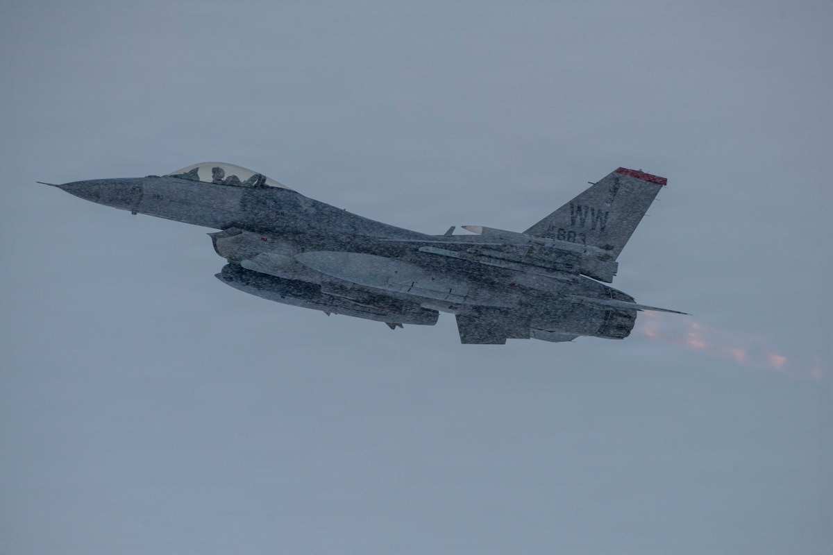 A U.S. Air Force F-16 Fighting Falcon assigned to the 35th Fighter Wing takes off during Exercise Sprint 26-2 at Misawa Air Base, Japan, Jan. 14, 2026