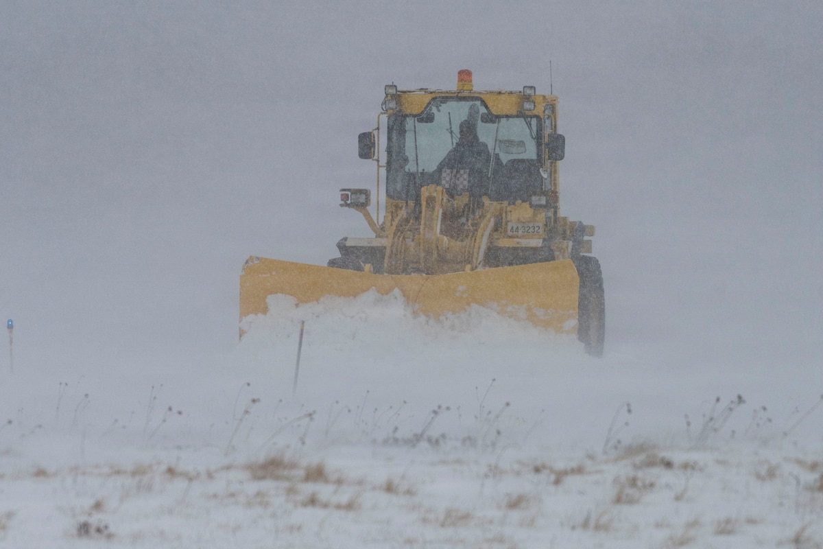 A snow plow removes snow on the flightline at Misawa Air Base, Japan, Jan. 14, 2026.