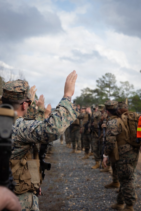 U.S. Marines with Truck Company, 23rd Marine Regiment, 4th Marine Division, take accountability, Fort Polk, Louisiana, Jan. 9, 2026. Marines with Truck company departed a known distance range, which enhanced marksmanship fundamentals and combat readiness. (U.S. Marine Corps photo by Lance Cpl. Claire Cheney)